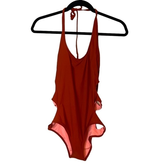 AERIE Rust Orange One Piece Swimsuit With Cut Out Sides - Picture 3 of 8